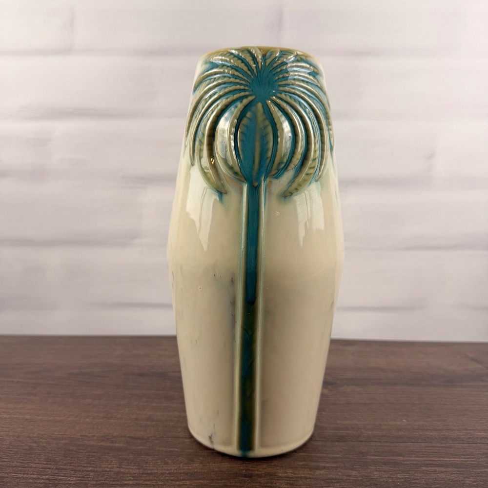 Studio Pottery Vase Cream Turquoise Raised Botanical Design 10"